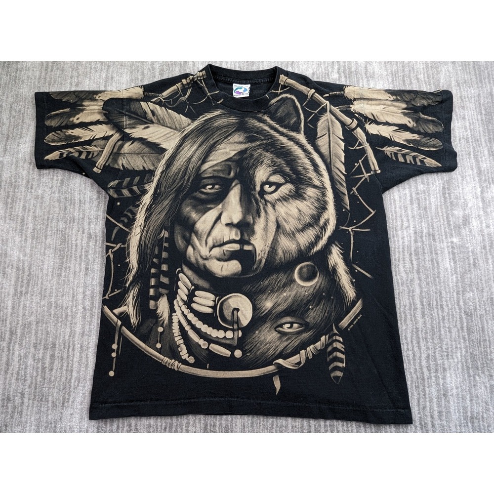 Vintage Liquid Blue Native American Shirt Mens Large Allover Print Wolf 90s